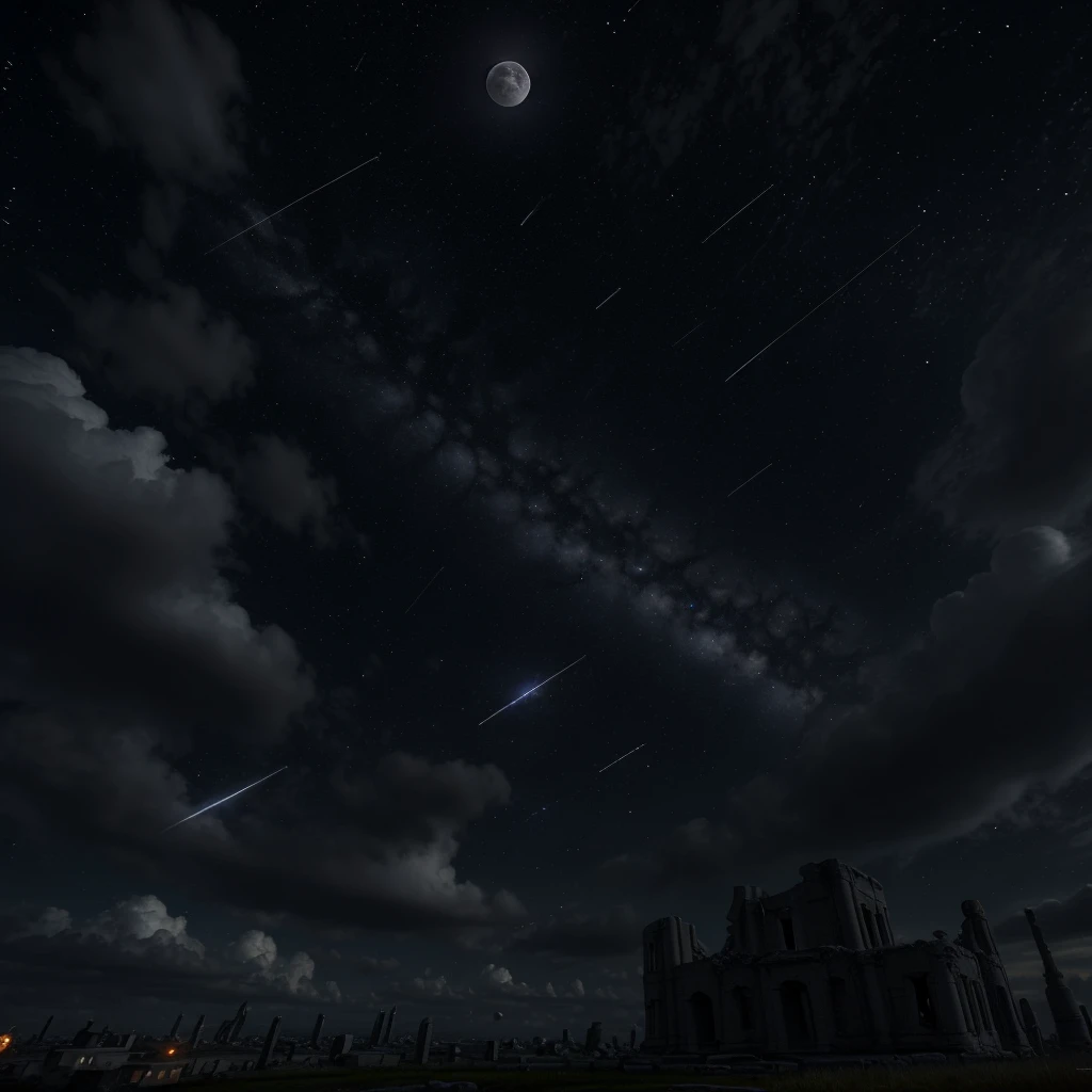 dark night sky. A silver sphere exists in the center of the screen. Many airships are flying in the sky. There are ruins.