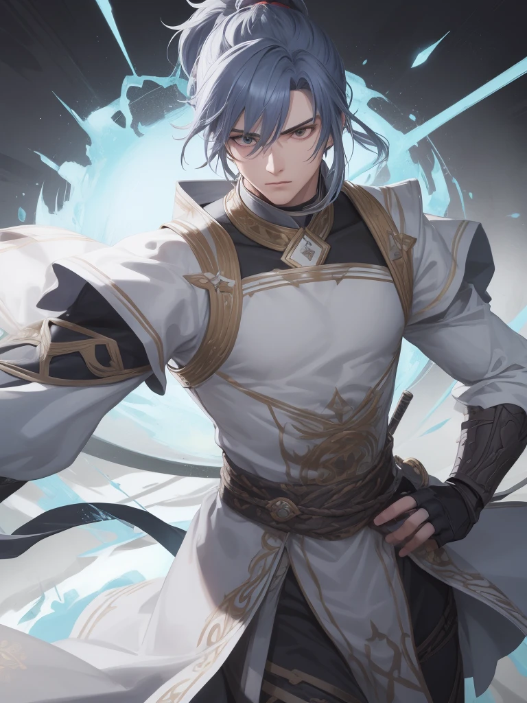 secondary element，style of animation，person（male warrior），The ratio is right，facial details，swordsman，high-ponytail Hairstyle，neck detail，There is an Adam&#39;s apple，blue suit，grap，Long blue gown，clothes details，India，long sleeves，game quality，fencing，Light and Shadow Tracing，ray tracing，detailed rays，CG Rendering，head detail，Yellow long hair，blue colored eyes，amazing，amazing，（young sense），The clothes are complicated，perfect composition，refine，high quality，More details，many fine details，The background is complicated.，Atmospheric feeling，1 person