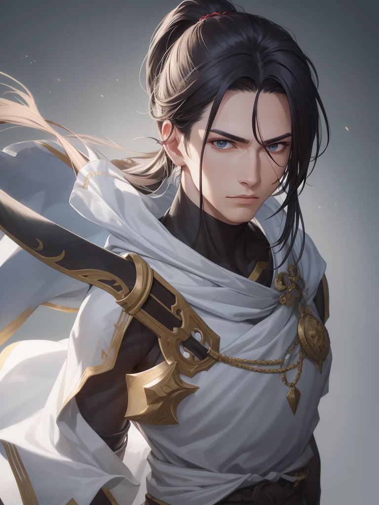 secondary element，style of animation，person（male warrior），The ratio is right，facial details，swordsman，high-ponytail Hairstyle，neck detail，There is an Adam&#39;s apple，blue suit，grap，Long blue gown，clothes details，India，long sleeves，game quality，fencing，Light and Shadow Tracing，ray tracing，detailed rays，CG Rendering，head detail，Yellow long hair，blue colored eyes，amazing，amazing，（young sense），The clothes are complicated，perfect composition，refine，high quality，More details，many fine details，The background is complicated.，Atmospheric feeling，1 person