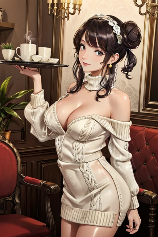 (((Masterpiece))),(((Super Detail))),(((in 8K))),(((best composition))),(((Rim lighting,Fireglow effect,deep shadow))),solo),Beautiful fingers,Detailed finger features,(Detailed hair features:1.7),(Dynamic and sexy bending pose:1.3),detailed facial features,detailed clothes features, (perky chest:1.1), (pointed chest:1.3), delicate beautiful face, Bright blue eyes, cute eyes, sparkling eyes, Big eyes, beautiful detailed eyes,double bun with glittering hair ornament:0.6,(super detailed glossy skin:1.3),slender body,goddess smile,((with sparkling eyes and a contagious smile)),beautiful posture,have a cup of coffee,black hair, red eyes, dress, bare shoulders, jewelry, collarbone, sidelocks, hairband, earrings, indoors, off shoulder, sweater, arms behind back, plant, short hair with long locks, white hairband, off-shoulder dress, sweater dress, off-shoulder sweater, red sweater, big side hair, very long side hair,(super delicate floral pattern:1.2),seductive cleavage:1.3,beautiful glossy legs,shiny red high heels,lifting dishes with cakesd,french restaurant,hustle and bustle,rising steam,(((depth of fields)))