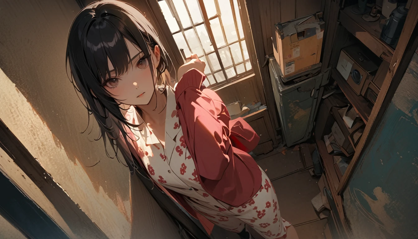 (((shoot from behind))), ((8k of extremely detailed CG unit, Masterpiece, high resolution, highest quality, highest quality real texture skin)), (((Japanese patterned pajamas))), (((POP Room))), (((Relaxing))), ((1 girl)), (Black hair, messy hair, beige skin), (Surreal, digital painting)