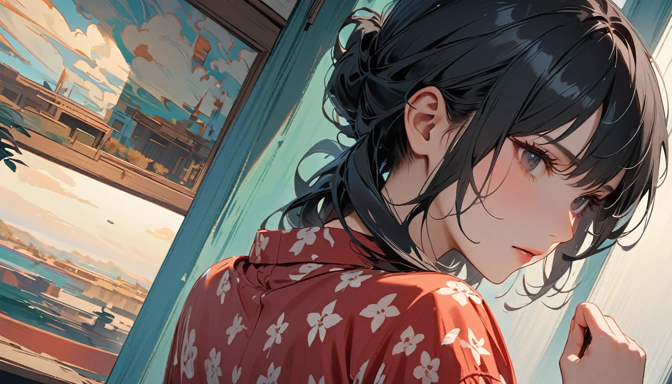 (((shoot from behind))), ((8k of extremely detailed CG unit, Masterpiece, high resolution, highest quality, highest quality real texture skin)), (((Japanese patterned pajamas))), (((POP Room))), (((Relaxing))), ((1 girl)), (Black hair, messy hair, beige skin), (Surreal, digital painting)