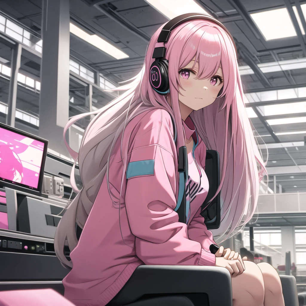 Woman wearing headphones with long hair looking sideways Wear a pink long-sleeved shirt and sit indoors.