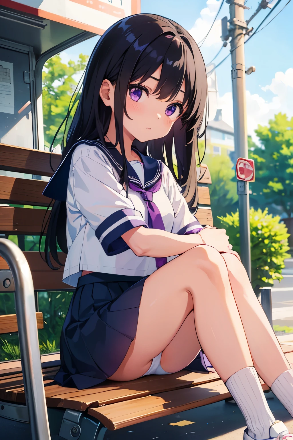 Elementary school girl, , flat chest, black hair, long hair, purple eyes (1 person) Plain white short-sleeved sailor uniform on the upper body, navy blue miniskirt on the lower body, white panties((I can see her panties)) White socks sneakers Sitting on a bench at a bus stop in the countryside Dynamic angle Low angle