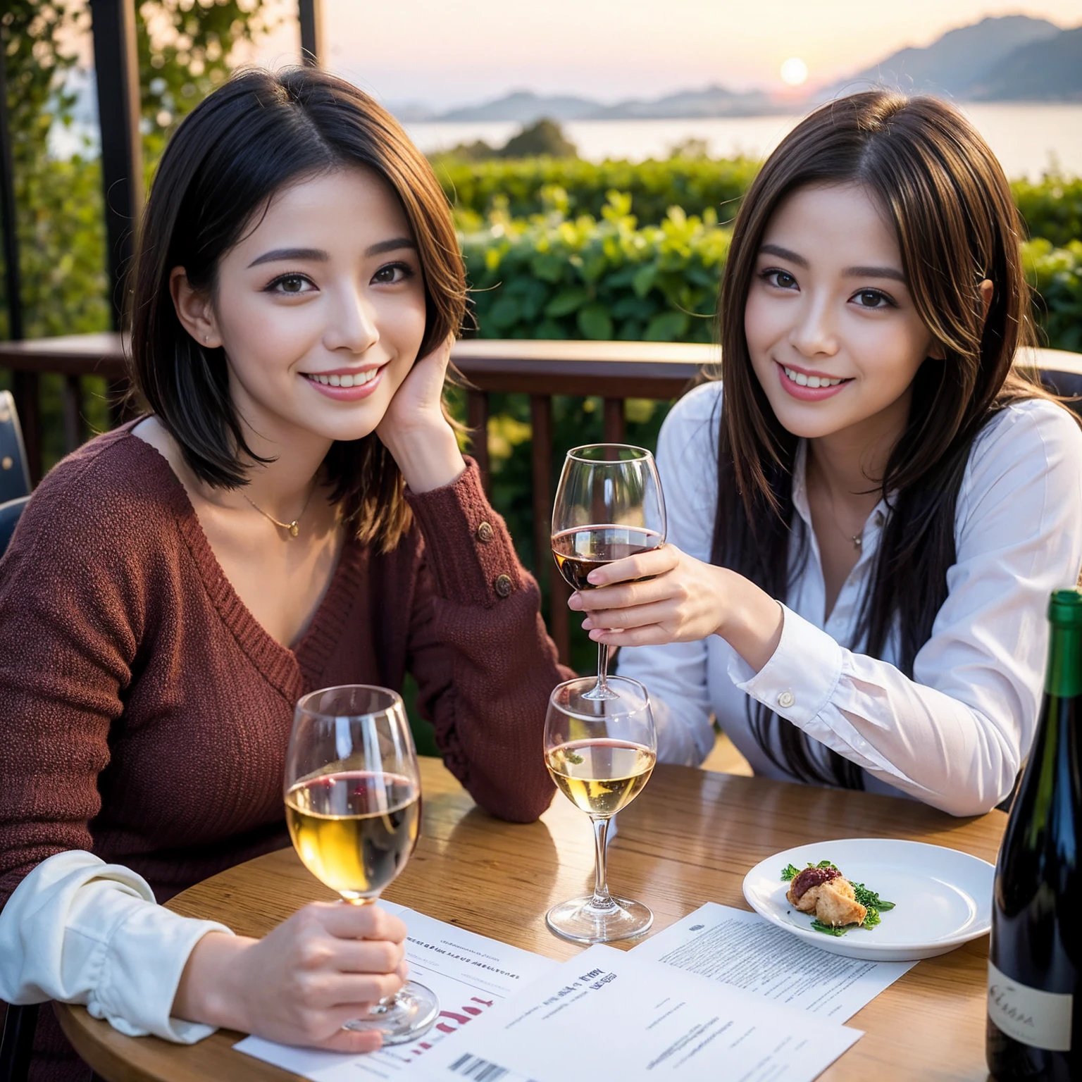 ((Highest quality、8k、masterpiece:1.3))、 (Genuineistic, Genuine、Bright image、Intricate details:1.2), 最高のsmile、1 male,1 female、Beautiful couple、spouse、Satomi Ishihara-like lover、Good friend、actress couple、smile、Full-course dinner at a packed table、 (Slim face), (the body is slim), (Brown Hair), (short hair), テーブルのwine glass、Please shine a light on my face、 Amazing view of the sunset sky and clouds、 (33 years old)38 years old, red wine 、Appetizers、Wine bottle、sparkling wine、Long sleeve shirt、dress、White wine, red wine, wine glass,