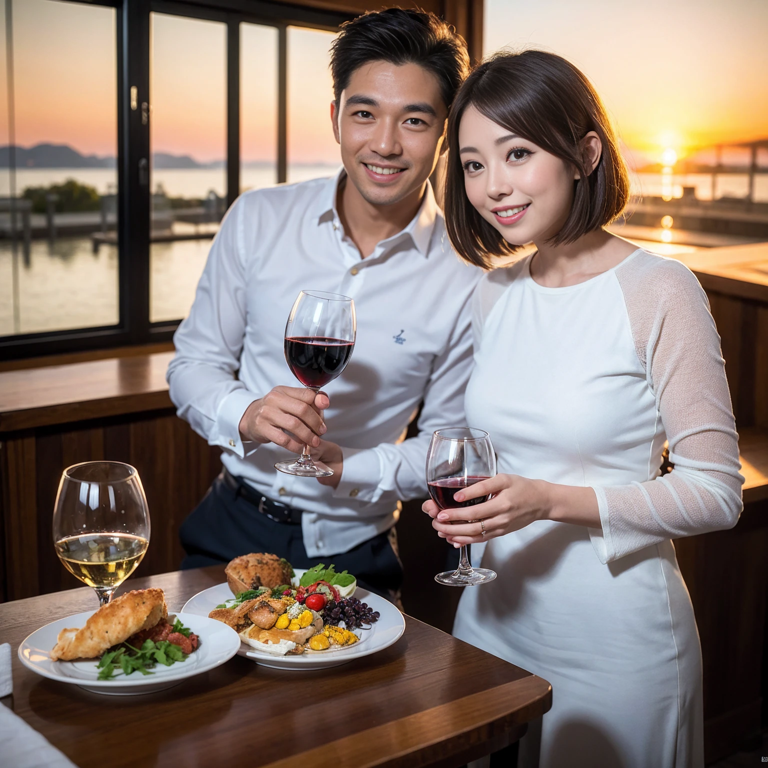 ((Highest quality、8k、masterpiece:1.3))、 (Genuineistic, Genuine、Bright image、Intricate details:1.2), 最高のsmile、1 male,1 female、Beautiful couple、spouse、Satomi Ishihara-like lover、Good friend、actress couple、smile、Full-course dinner at a packed table、 (Slim face), (the body is slim), (Brown Hair), (short hair), テーブルのwine glass、Please shine a light on my face、 Amazing view of the sunset sky and clouds、 (33 years old)38 years old, red wine 、Appetizers、Wine bottle、sparkling wine、Long sleeve shirt、dress、White wine, red wine, wine glass, 