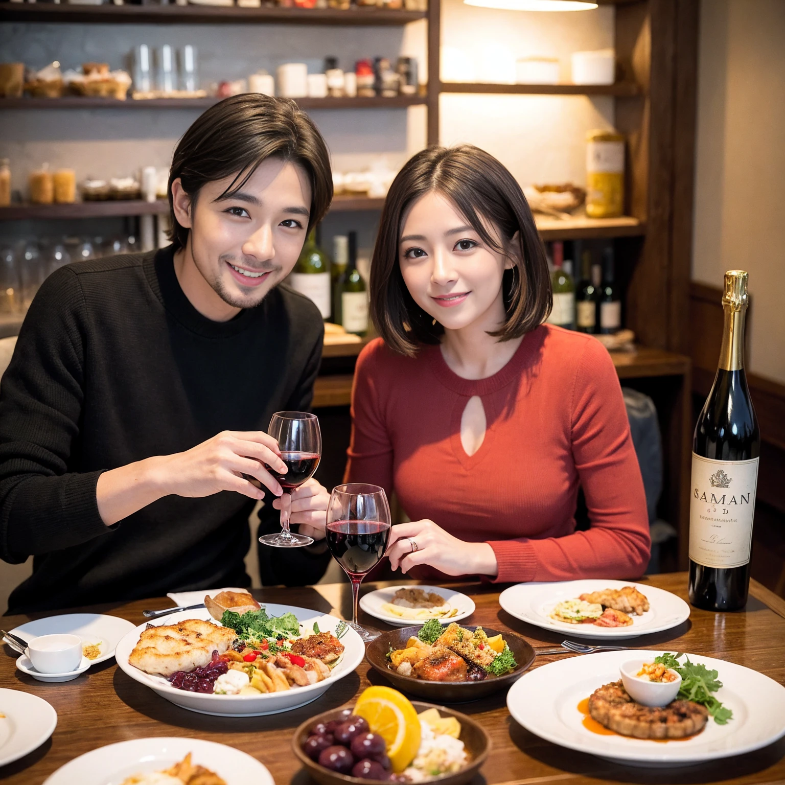 ((Highest quality、8k、masterpiece:1.3))、 (Genuineistic, Genuine、Bright image、Intricate details:1.2), 最高のsmile、1 male,1 female、Beautiful couple、spouse、Satomi Ishihara-like lover、Good friend、actress couple、smile、Full-course dinner at a packed table、 (Slim face), (the body is slim), (Brown Hair), (short hair), テーブルのwine glass、Please shine a light on my face、 Amazing view of the sunset sky and clouds、 (33 years old)38 years old, red wine 、Appetizers、Wine bottle、sparkling wine、Long sleeve shirt、dress、White wine, red wine, wine glass, 