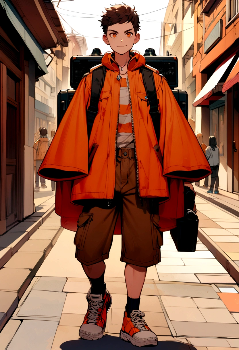 A full body image of a youth guy wearing an orange jacket and short trousers, holding a radio on his neck and a little  smile on the streets 