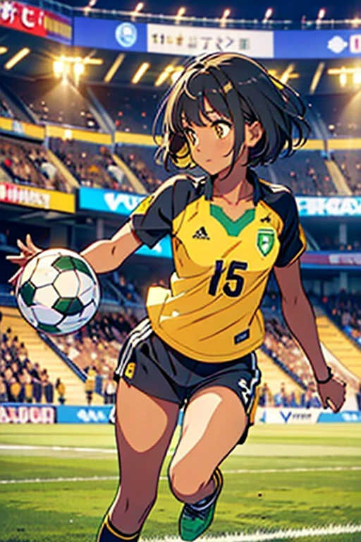 masterpiece, best quality, dark skin, short hair, yellow eyes, black hair, beautiful girl, thin, full body, plan boobs, short , small , short chest, big butt, wide thigh, green soccer jersey kit, playing soccer, running with the soccer ball and shooting the ball to the goal