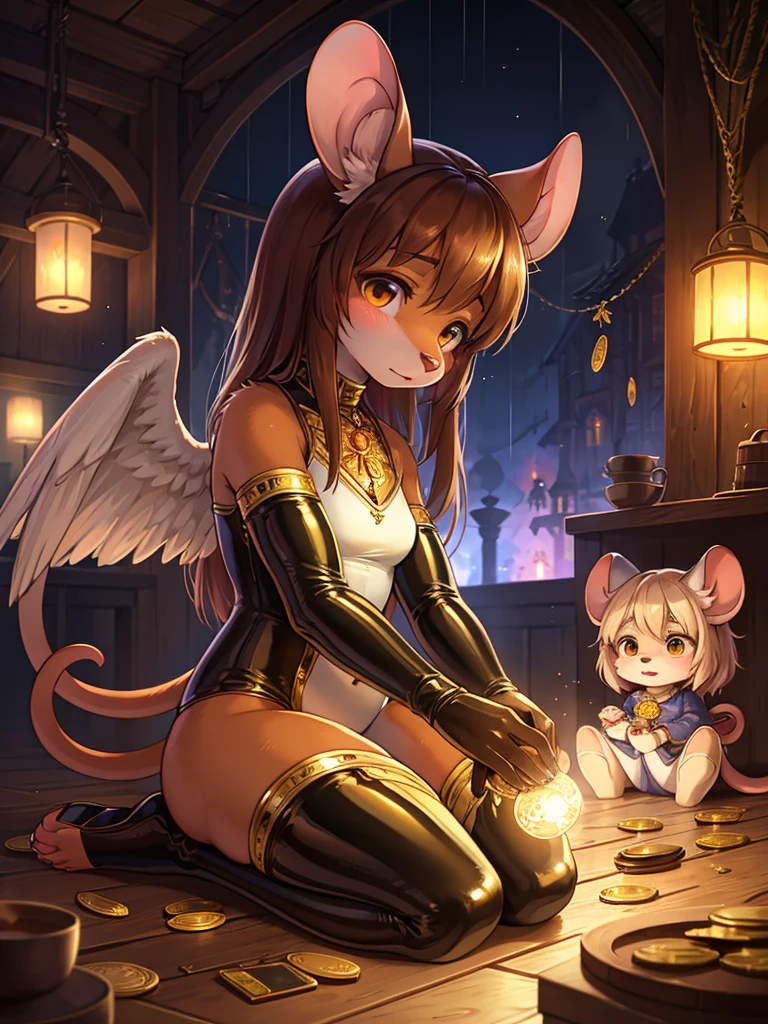 Furry, Anthro, Female, Naked, small breasts, thin body, gray mouse, Slave, Slave Collar, super detail, masterpiece, super detail, high quality, high resolution, high detail, messy, blue eyes, legs spread open, sexy face, mouth open, tongue hanging out, fingering vagina, young, fantasy pub, at night, full moon