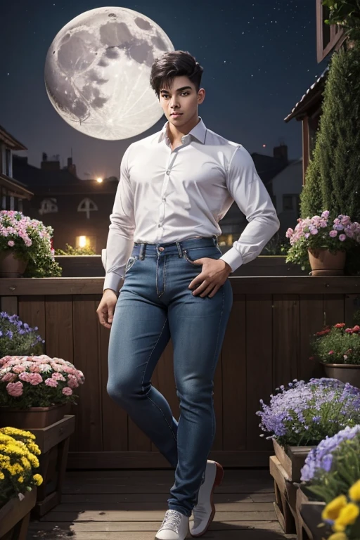 (masterpiece), best quality, expressive eyes, perfect face,young man having long legs thick thighs large hips thin and narrow weist wearing, jeans, formal shirt, moon night garden flowers, very small spikey boyish haircut, boy , boy, wide hips, very wide hips, muscular body, , tugged in, very very wide hips, huge large penis_bulge, smile, big large, very wide hips, very very wide hips, boy, full body, wide very wide hips