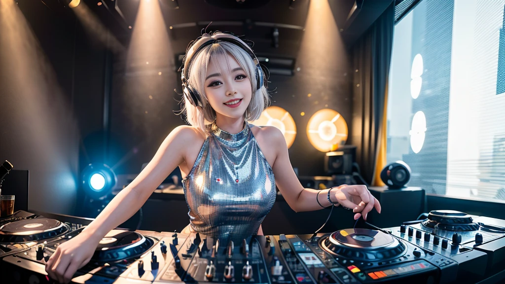 (ultra - detailed, 16K resolution, Cinema lenses, rendering by octane), (high resolution:1.18), intricate detail, (masterpiece:1.1), (highest quality:1.1), (1girl, portrait, white hair, blue eyes, short hair, detailed eyes),Wearing silver DJ headphones, Shiny silver sequined T-shirt, (Iconic hip-hop pop costumes:1.3), Smile while DJing on stage, full body shot of, The spotlight shines on the female DJ. Photorealistic photography by Disco Lighting, (cute round face:1.3), perfect fingers, five fingers, beautiful hands, perfect hands. master peace, cute smile.