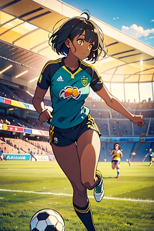 masterpiece, best quality, dark skin, short hair, yellow eyes, black hair, beautiful girl, thin, full body, plan boobs, short boobs, small boobs, short chest, big butt, wide thigh, green soccer jersey kit, playing soccer, running with the soccer ball and shooting the ball
