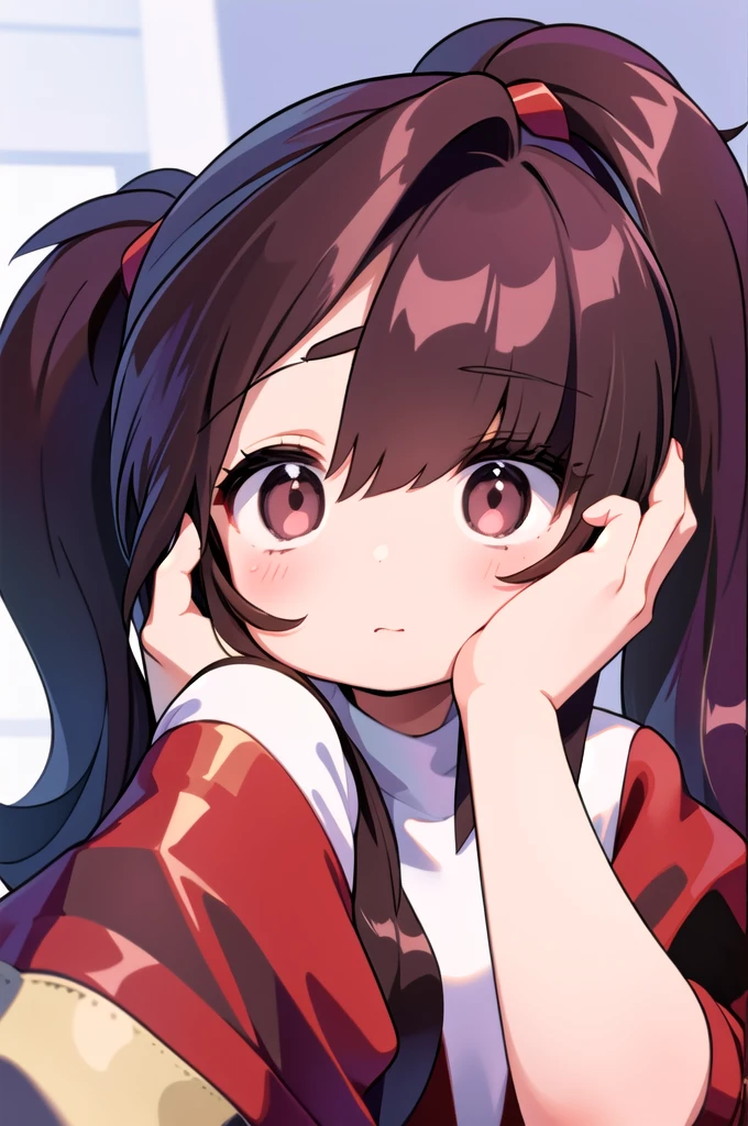 One girl, Brown Hair、shoulder-length hair、 Fashionable clothes, Long sleeve, , Curly Hair, Drooping eyebrows, Upper Body, View your viewers, squat, From below,Eat soft serve ice cream、Worried brow