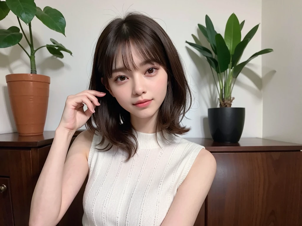 (Sleeveless:1.3) beautiful, thin, Fair Arms Pureeros (super highest quality:1.3) (Very realistic, Realistic:1.3), (Sharp focus:1.3) Pure (Sharp focus:1.3) Wide background々Luxurious living room Bookshelf 3D Beautiful gradients A happy and kind smile Very high quality and stylish See-through bangs Elegant and intelligent Clean and stylish Excellent Education Women's Fashion Magazine model (Realistic and very high quality:1.3). (High resolution/High resolution:1.3) Tabletop, Very delicate and beautiful, Soft Light, (Brown Hair, Shoulder-length straight bob hair) Beautiful detailed girls, Highly detailed eyes and face, beautifully detailed nose, thin and beautiful eyes, 1 girl, Japanese, Pureな beauty, cute, young, Very stylish A spring sweater in spring-like colors Very stylish Supported by women Trending Fashion , (Medium Chest), Realistic Face, Realistic body,