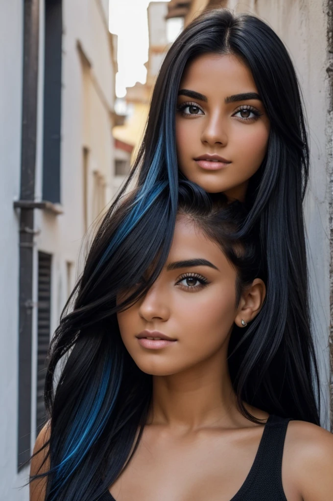Chica realista con pelo negro largo y ojos azules y ropa negra
