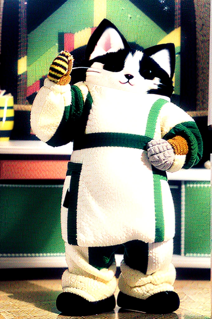 ,A chubby cat in a 3D style, wearing an apron with colorful details, standing on two feet with a cute exposed belly, actively serving coffee in a cozy café. The cat has white and brown fur, green eyes, and fluffy long hair, resembling the reference photo. Simple tones with colorful clothing accents – ar 4:5