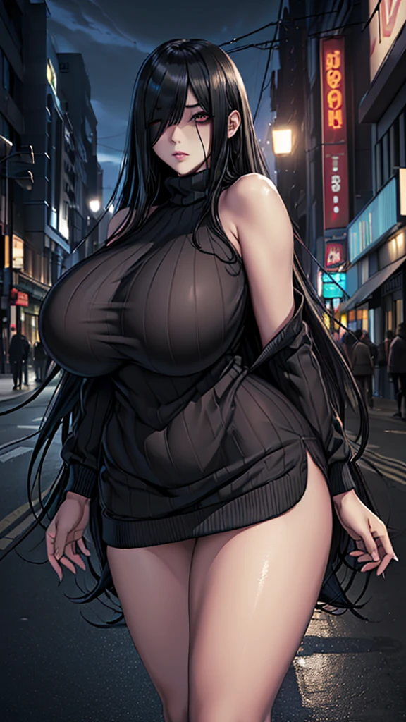 (in 16K、A high resolution、Best Quality、 masuter piece、unreal engine、amine、top-quality、From the thighs up:1.2),(Natural Skin Texture、Detailed skin、Beautiful skin、ultra sharpness),intricate detailes、Extraordinary beauty,(((gigantic breasts,voluptuous body、1 cute woman,20 to 25 years old,adult lady,sadako from the ring,Black nails,))),(an extremely cute and beautiful face:1.2),(((big eyes,sharp eyes,eye bags,eyelash extension,pale skin,black hair,very long straight hair,bottomless,Landmine fashion))),(solo,hair over oen eye,empty eyes,Expressionless,Tempting,darkness,Dark atmosphere:1.6),(virgin killer sweater_:1.4),(Are standing,Late Night,bustling street,Passersby,dim:1.5),