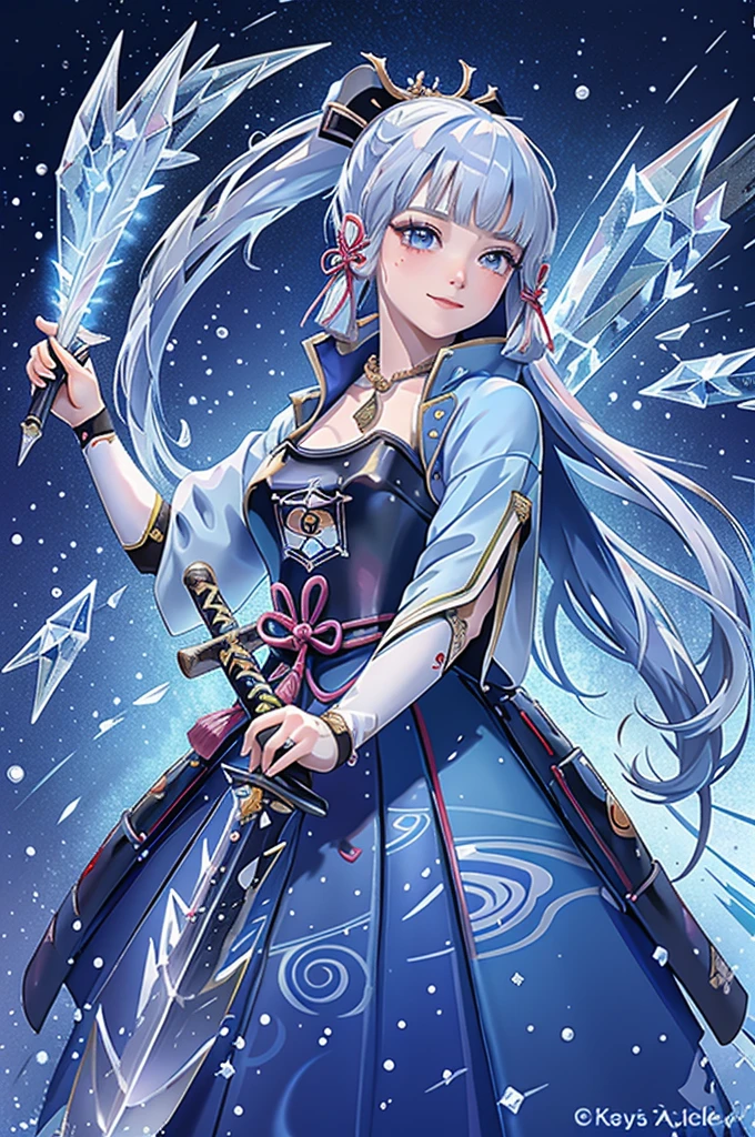 ((kamisatoayakadef)),1 Anime Girl, Warrior, Realistic people,Realistic, beautiful, smile, elegant, Majestic, Splash Art, Particles of light, Diamond Blade, (Cold Energy, Cold Blast, cold water: 1.4) Dynamic pose, ((Japanese Sword,Grab your sword))((Holding a sword)),milky way, (Fractal Art:1.1), (colorful:1.1),(iceの花:1.4), (Spiral Splash), Most detailed,(Tangled:1.1),(抽象的なbackground:1.1), (Shiny skin), (Many colors:1.4), Ultra-high resolution, retina, masterpiece, Accurate, Anatomically correct, texture.(background:ice-flurry, snow,ice-shard, ice, crystallization)
