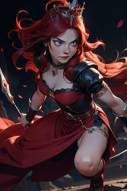 Princesa das trevas com os olhos de sangue, red hair, crown, evil smile, anime style, lens flare, high detail, first-person view, cinematic lighting, masterpiece, super detail, best quality, 8k, UHD((Full body closeup,)) gloomy black castle setting, Sensual and arrogant princess Combat stance, furious gaze