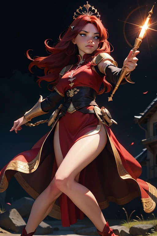 Princesa das trevas com os olhos de sangue, red hair, crown, evil smile, anime style, lens flare, high detail, first-person view, cinematic lighting, masterpiece, super detail, best quality, 8k, UHD((Full body closeup,)) gloomy black castle setting, Sensual and arrogant princess Combat stance, furious gaze 