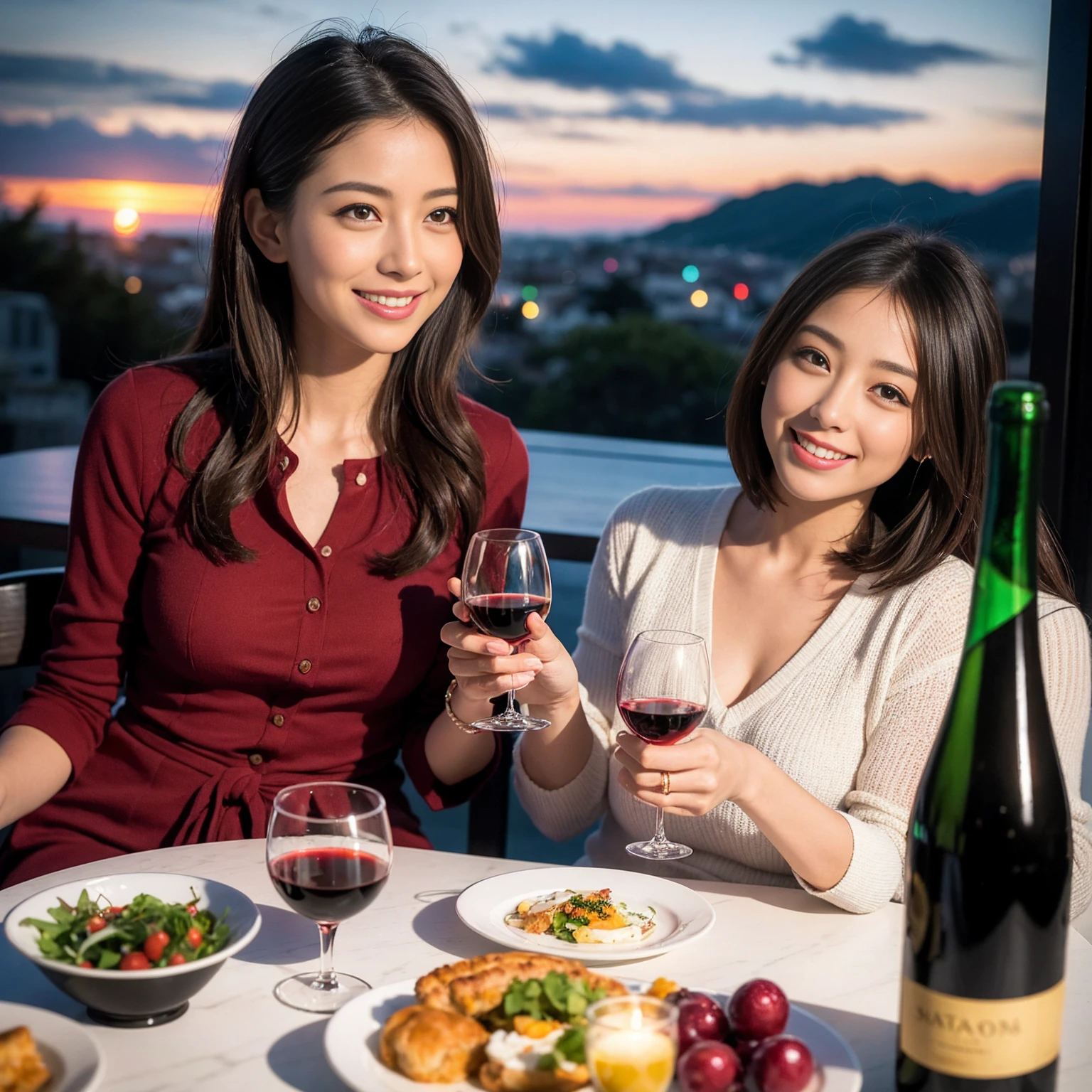 ((Highest quality、8k、masterpiece:1.3))、 (Genuineistic, Genuine、Bright image、Intricate details:1.2), 最高のsmile、1 male, 1 female、Beautiful couple、Satomi Ishihara-like lover、Good friend、actress couple、smile、Full-course dinner at a packed table、 (Slim face), (the body is slim), (Brown Hair), (short hair), テーブルのwine glass、Please shine a light on my face、 Amazing view of the sunset sky and clouds、 (36 years old)38 years old, red wine 、Appetizers、Wine bottle、sparkling wine、Long sleeve shirt、dress、White wine, red wine, wine glass,