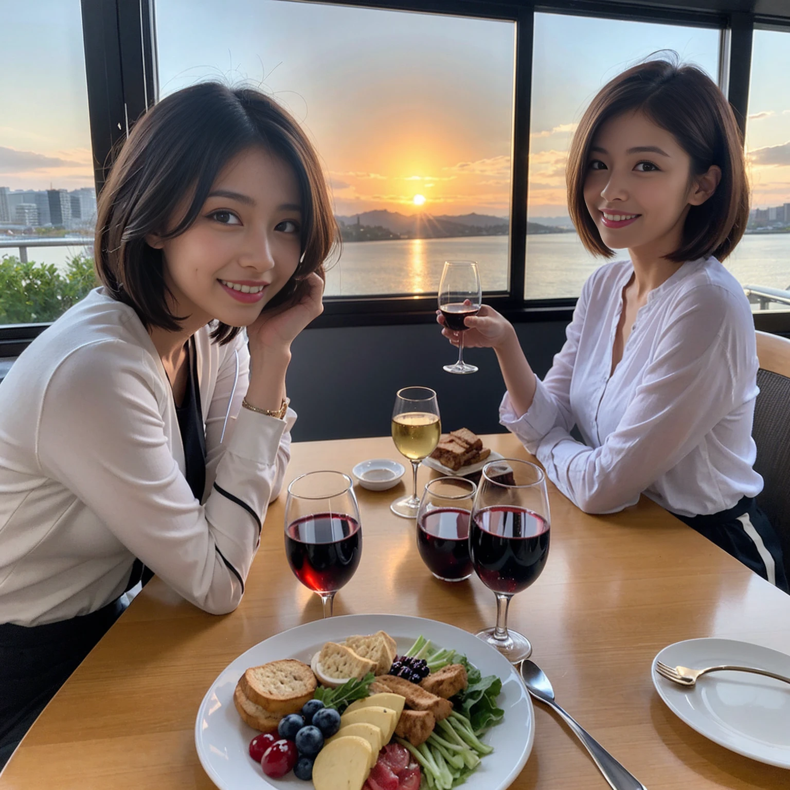 ((Highest quality、8k、masterpiece:1.3))、 (Genuineistic, Genuine、Bright image、Intricate details:1.2), 最高のsmile、1 male, 1 female、Beautiful couple、Satomi Ishihara-like lover、Good friend、actress couple、smile、Full-course dinner at a packed table、 (Slim face), (the body is slim), (Brown Hair), (short hair), テーブルのwine glass、Please shine a light on my face、 Amazing view of the sunset sky and clouds、 (36 years old)38 years old, red wine 、Appetizers、Wine bottle、sparkling wine、Long sleeve shirt、dress、White wine, red wine, wine glass,