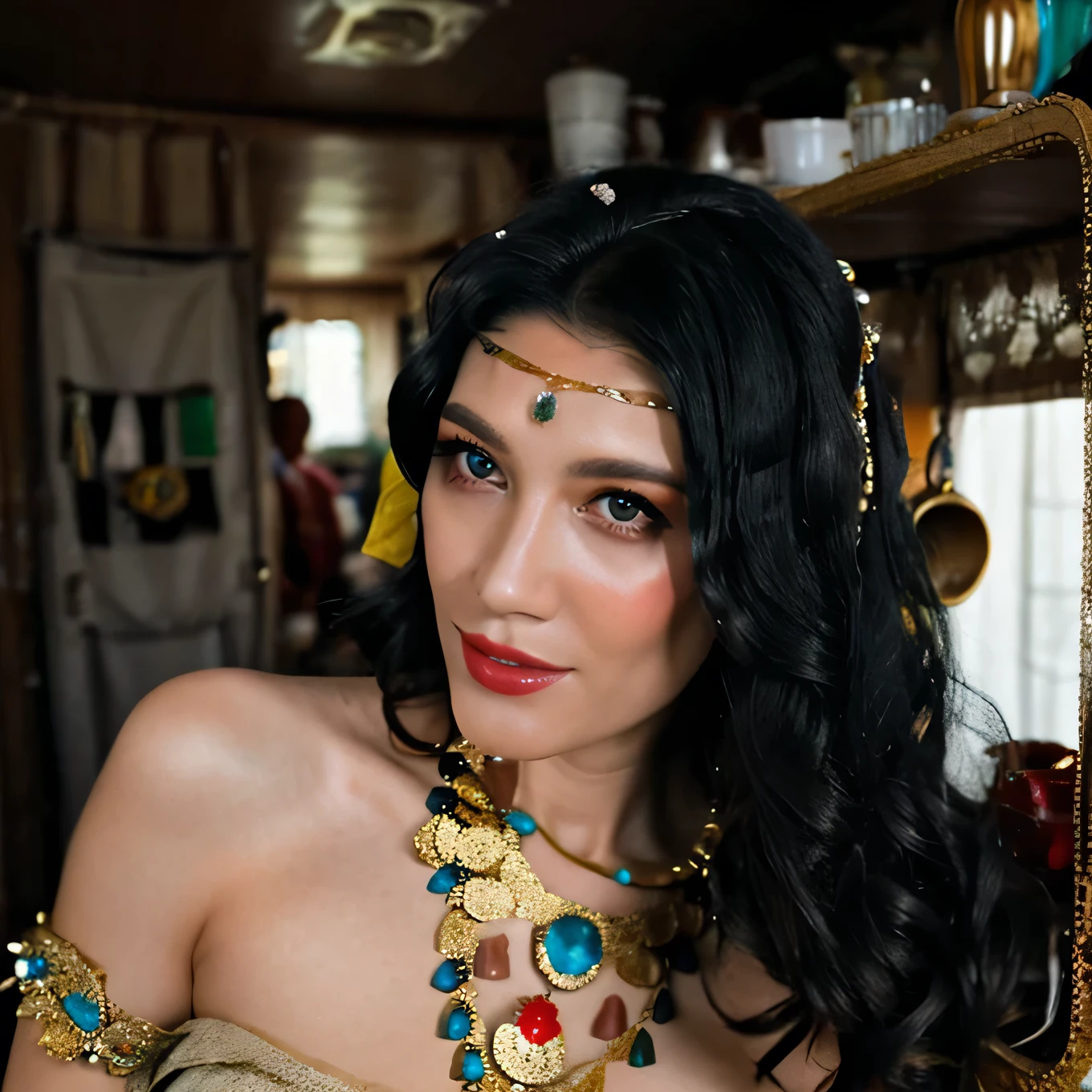 interior of gypsy cart with 1 beautiful, strong and sexy gypsy with long black hair and smooth skin and ornaments on her forehead