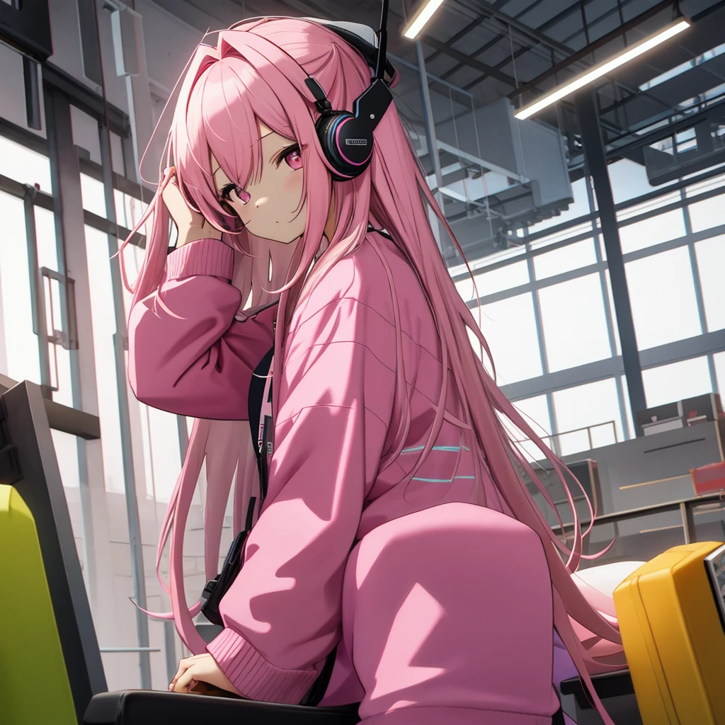 Woman wearing headphones with long hair looking sideways Wear a pink long-sleeved shirt and sit indoors ในห้องนอน นั่งลนเตียง ข้างนอกมีในตก