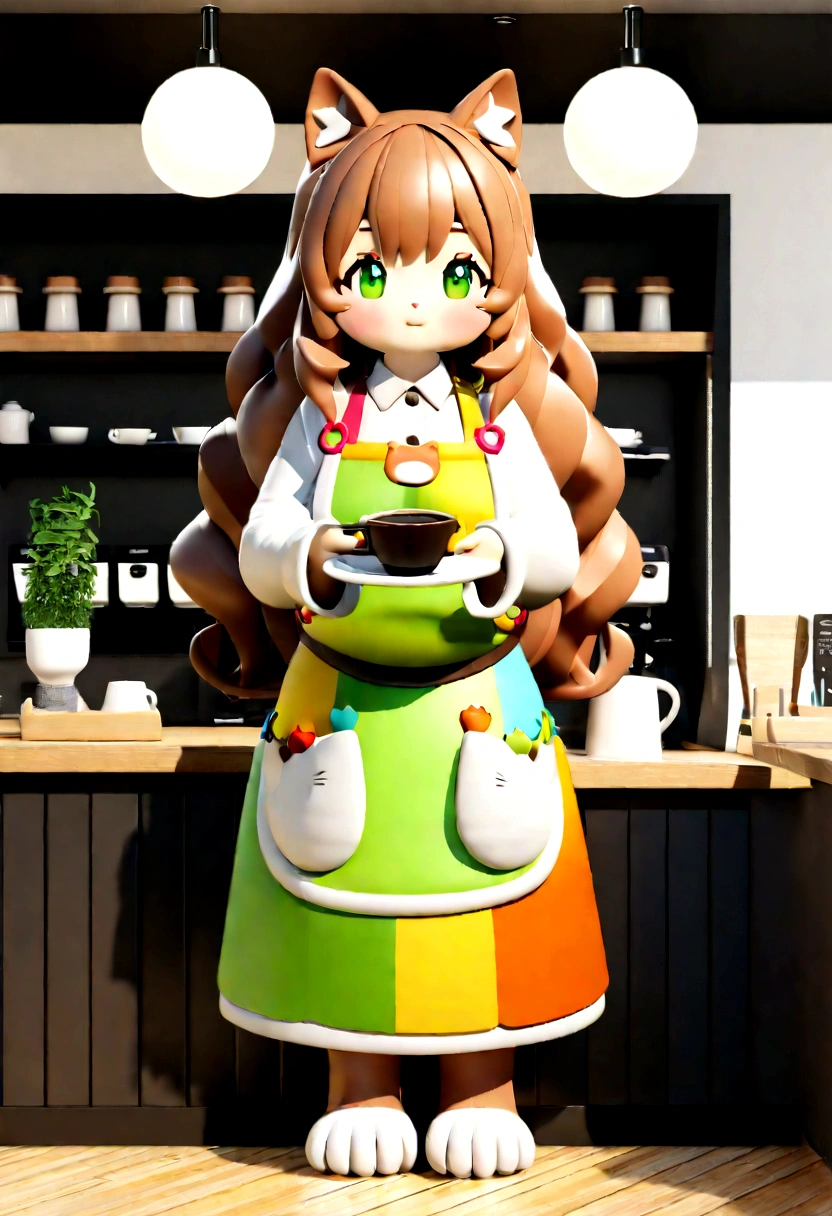 ,A chubby cat in a 3D style, wearing an apron with colorful details, standing on two feet with a cute exposed belly, actively serving coffee in a cozy café. The cat has white and brown fur, green eyes, and fluffy long hair, resembling the reference photo. Simple tones with colorful clothing accents – ar 4:5