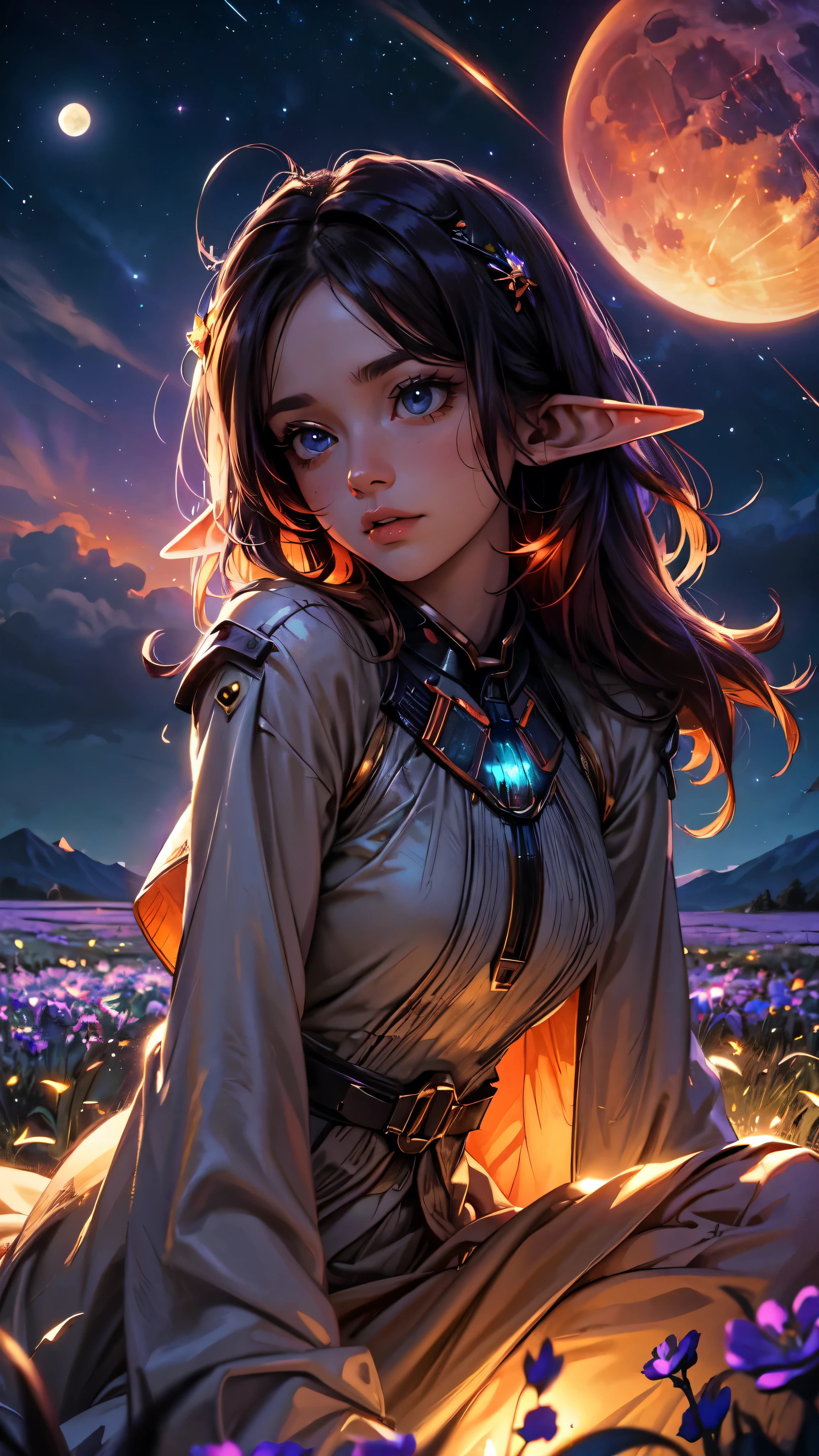 A wide landscape photo, (viewed from below, the sky is above, and the open field is below), an anime girl sitting on colorful flowers field looking up, (full moon: 1.2), (meteor: 0.9), (nebula: 1.3), distant mountains , shooting stars, Trees BREAK Crafting Art, (Warm Light: 1.2), (Firefly: 1.2), Lights, Lots of Purple and Orange, Intricate Details, colorful palette,Volumetric Lighting BREAK (Masterpiece: 1.2), (Best Quality), 4k, Ultra Detailed, (Dynamic Composition: 1.4), Rich in Detail and Color, (Rainbow Color: 1.2), (Glow, Atmospheric Lighting), Dreamy, Magical, (Solo: 1.2)elf woman, detailed face, detailed eyes, detailed hands
