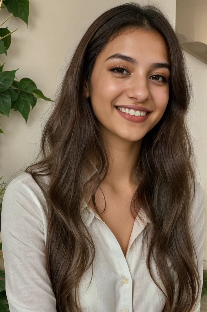 24YO, one attractive Jordanian women, cute smile, white teethes, long dark green shirt, light brown eyes, small nose, black/brown long hair