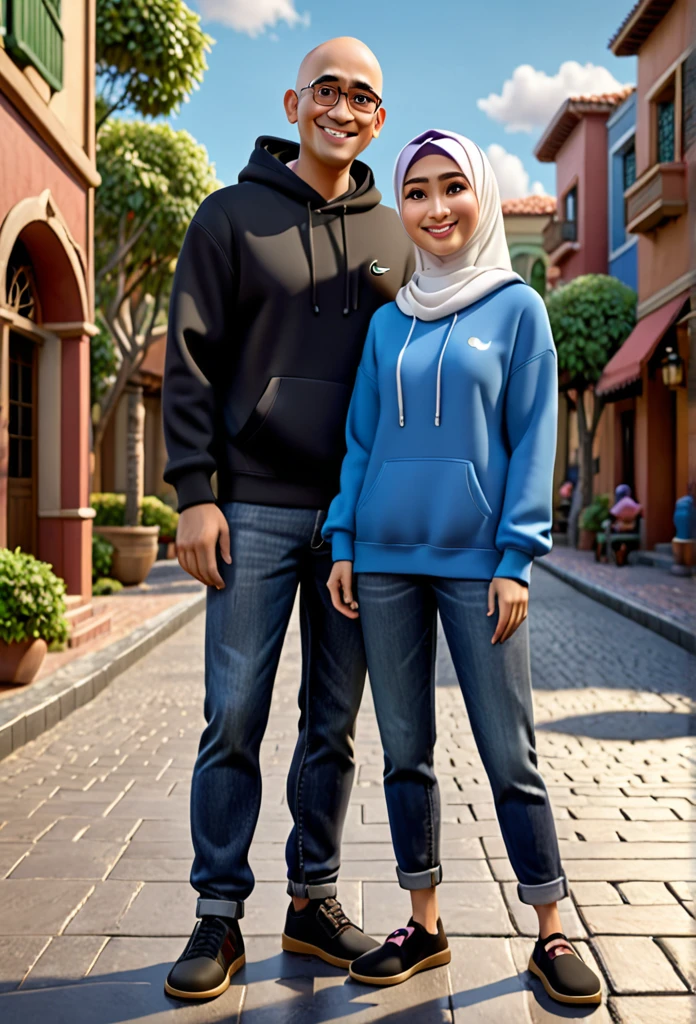 A Indonesian man and woman, wearing black hoodie and blue jeans, standing wearing slippers, the man hair style is a little bald, the woman wearing hijab, character headshot portrait, 8k portrait rendering, disney rendering, personagem de perto, retrato de personagem em close, Personagem 3D realistic, caricature, personagem estilizado, como um personagem da Pixar, personagem altamente detalhado, Personagem 3D, personagem 3d, estilo de personagem da Disney, close do retrato do personagem, personagem masculino.