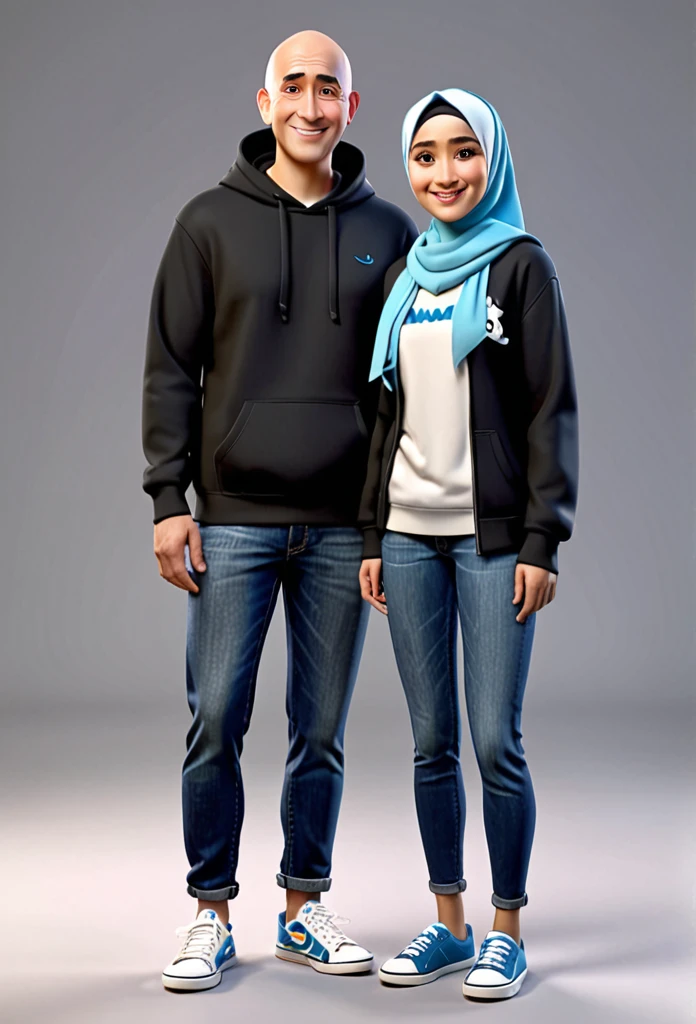 A Indonesian man and woman, wearing black hoodie and blue jeans, standing wearing slippers, the man hair style is a little bald, the woman wearing hijab, character headshot portrait, 8k portrait rendering, disney rendering, personagem de perto, retrato de personagem em close, Personagem 3D realistic, caricature, personagem estilizado, como um personagem da Pixar, personagem altamente detalhado, Personagem 3D, personagem 3d, estilo de personagem da Disney, close do retrato do personagem, personagem masculino.