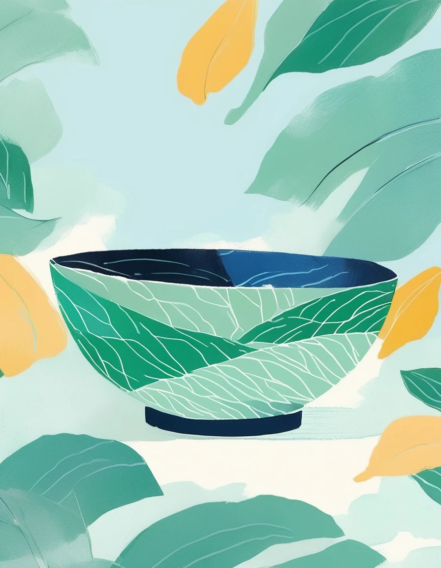 a close-up photo of a bowl, minimalist illustration, blue-green bowl, oil paint texture, sketchy, prominent textures, Chinese style, tea leaf pattern bowl, solid color background, clear edges, illustration style,pop surrealism,drawing,painting