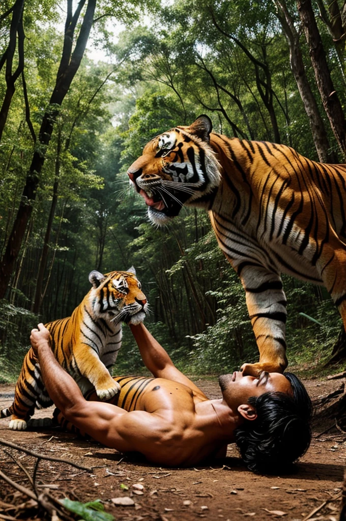 Indian king moscular body fight with tiger in the forest