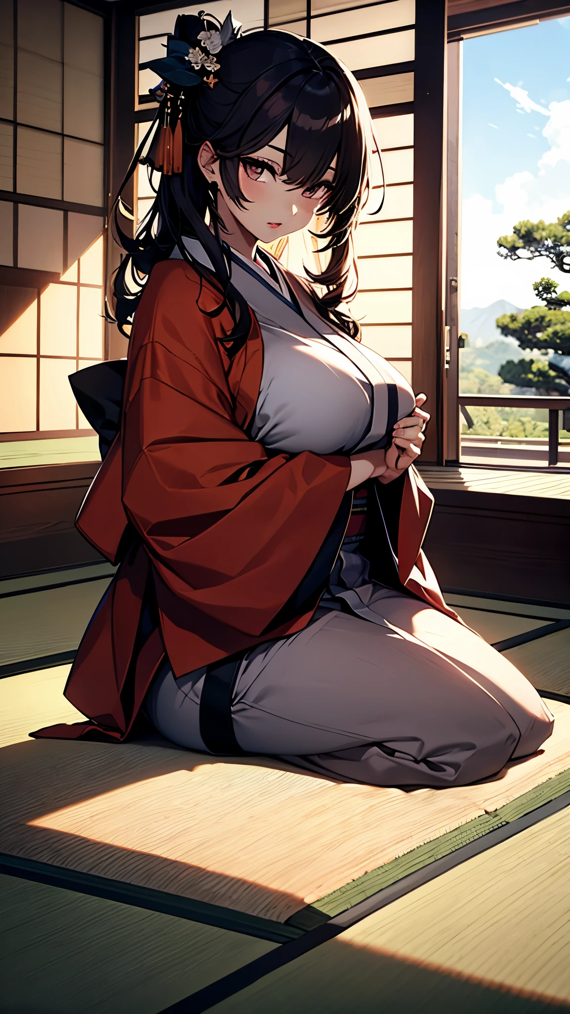 (1girl:1.3), Masterpiece, Best quality, amazing beauty, [[3D]], 4K, absurdres, finely detail, super detailed eye, perfect anatomy, official art, cinematic lighting, BREAK, (Japanese-style room, tatami, futon
,mattress, pillow:1.3), silky long hair, silky side ponytail, red hair, super shiny detailed black eye, big eyes, sparkle(in the eyes), thick eyebrow, close-mouth, plump lips, Mascara, False eyelashes, red lips, hairpin, Looks like fun, BREAK , huge breasts, tall, medium, wheat skin, , BREAK , traditional Japanese setting, young woman in a colorful kimono, seiza, She put her hands on her knees, gazing at the scenic view, serene atmosphere, natural lighting, high detail, BREAK,(kimono:1.3)