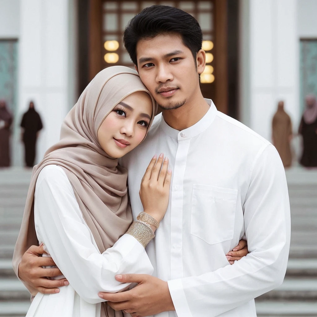 full body menampilkan foto resolusi tinggi super HD couple sweet asia. seorang wanita cantik asia memakai berhijab memakai gamis lengan panjang warna putih sedang bersama suaminya yang tampan memakai baju koko warna putih. mereka sedang di depan mesjid. gambar terlihat nyata dan jelas