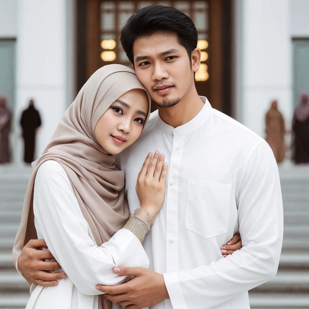 full body menampilkan foto resolusi tinggi super HD couple sweet asia. seorang wanita cantik asia memakai berhijab memakai gamis lengan panjang warna putih sedang bersama suaminya yang tampan memakai baju koko warna putih. mereka sedang di depan mesjid. gambar terlihat nyata dan jelas