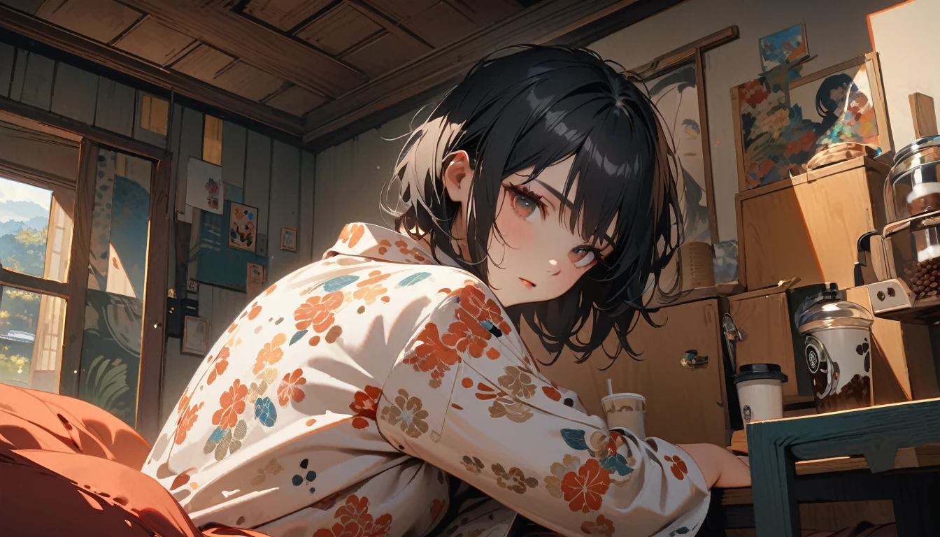 (((shoot from behind))), ((8k of extremely detailed CG unit, Masterpiece, high resolution, highest quality, highest quality real texture skin)), (((Japanese patterned pajamas))), (((Cute room))), (((iced coffee))), (((Relaxing))), ((1 girl)), (Black hair, messy hair, beige skin), (Surreal, digital painting)