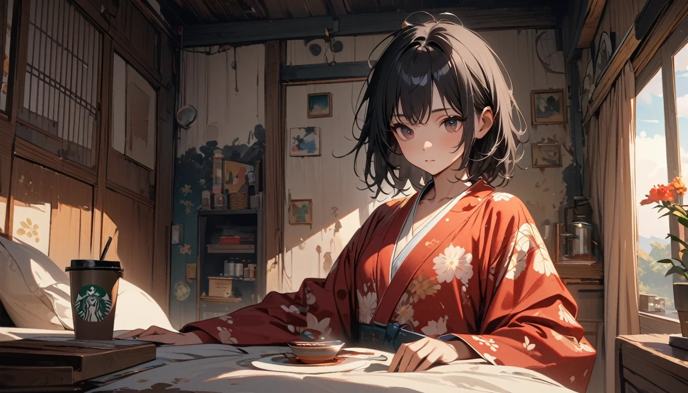 (((shoot from behind))), ((8k of extremely detailed CG unit, Masterpiece, high resolution, highest quality, highest quality real texture skin)), (((Japanese patterned pajamas))), (((Cute room))), (((iced coffee))), (((Relaxing))), ((1 girl)), (Black hair, messy hair, beige skin), (Surreal, digital painting)