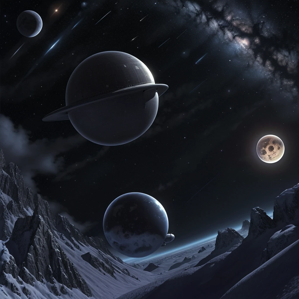 Science magazine illustrations from the 1980s.night sky. A silver sphere exists in the center of the screen. Many airships are flying in the sky. There are ruins.