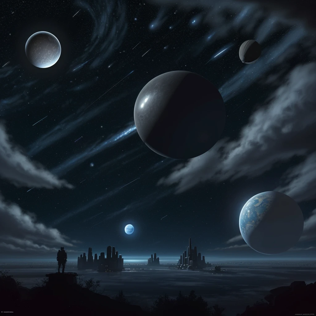 Science magazine illustrations from the 1980s.night sky. A silver sphere exists in the center of the screen. Many airships are flying in the sky. There are ruins.