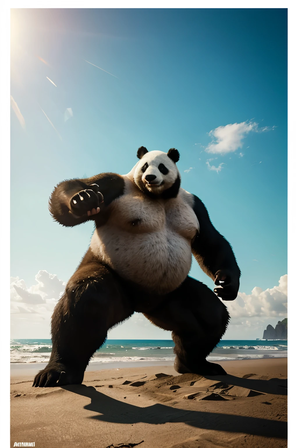 Giant panda, monster, fat, strong, hands on belly, gigantic, beach, day dramatic lighting, cinematic, establishing shot, extremly high detail, foto realistic, cinematic lighting, pen and ink, intricate line drawings, by Yoshitaka Amano, Ruan Jia, Kentaro Miura, Artgerm, post processed, concept art, artstation, matte painting, style by eddie mendoza, raphael lacoste, alex ross