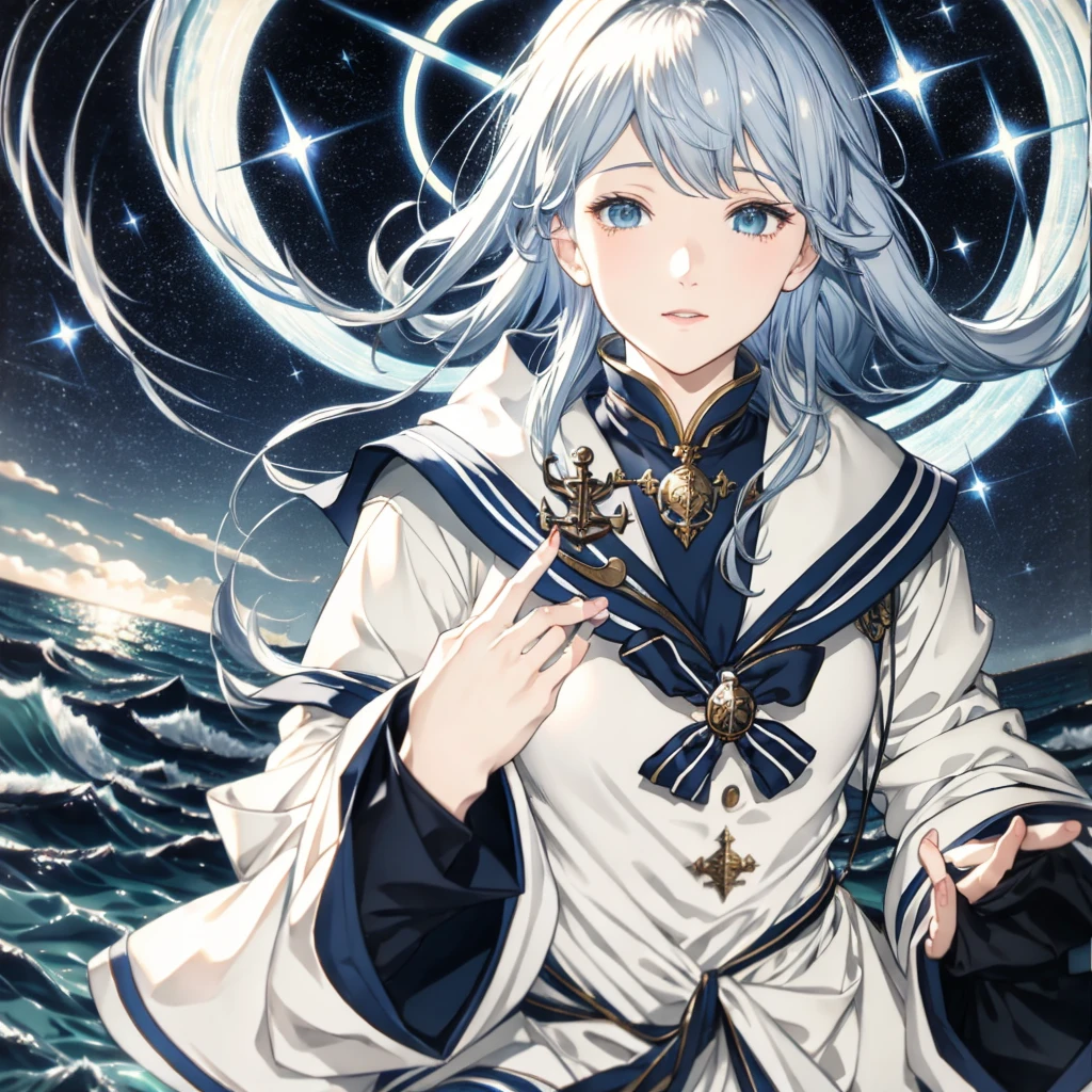 1girl、The best dynamic composition、minaba hideo、hbyxcj, [17277fbe68],scenery、(((最high quality、最高masterpiece、Super detailed、Official Art、The best dynamic composition)))、Anime Style、Dynamic pose、Dynamic composition、whole body,masterpiece, 最high quality, high quality, Very detailed CG uniform 8k wallpaper, arm written depth, High resolution, bloom, chromatic aberration, realism, Very detailed, Art Station Complex, High detail, dramatic、Huge⚓、anchor、In a white sailor suit、Light blue line、Sailor、Gray hair and light blue gradient hair color、Sparkling、The glow of the sea is reflected、Disorganized、Fantasy、Fantasy、 long sleeves, fingerless gloves,