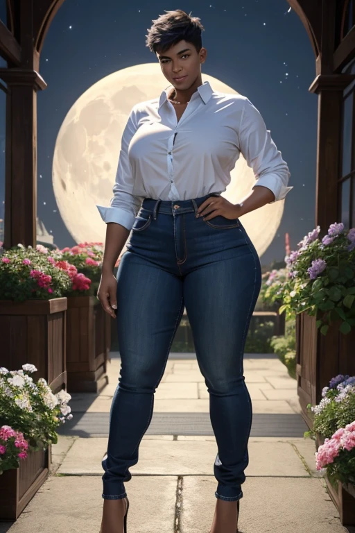 (masterpiece), best quality, expressive eyes, perfect face,young man having long legs thick thighs large hips thin and narrow weist wearing, jeans, formal shirt, moon night garden flowers, very small spikey boyish haircut, boy , boy, wide hips, very wide hips, muscular body, , tugged in, very very wide hips, huge large penis_bulge, smile, big large, very wide hips, very very wide hips, boy, full body, wide very wide hips
