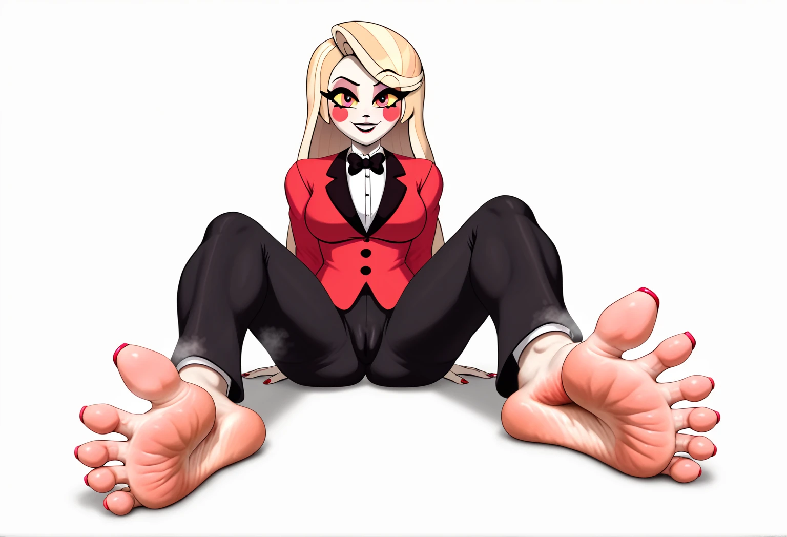 Charlie_Morningstar from Hazbin Hotel, detailed feet, foot fetish, soles, toes, red toesnail, beautiful face, wrinkled soles, stinky feet, stink steam, blond hairs, :D , beautiful red eyes, pussy out of pantie, massive . Masterpiece, 4k, ultra detailed soles, ultra detailed face, beautiful hair, two feet, fives toes. hotel background