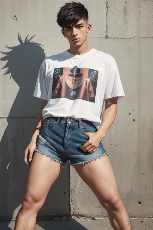 a young man having long legs, thick thighs, large hips, thin and narrow weist, big large feminine breasts, large male reproductive organs, t shirt and shorts, very small spikey boyish haircut, man , wide hips, bearded man, man,penis bulge , full body 