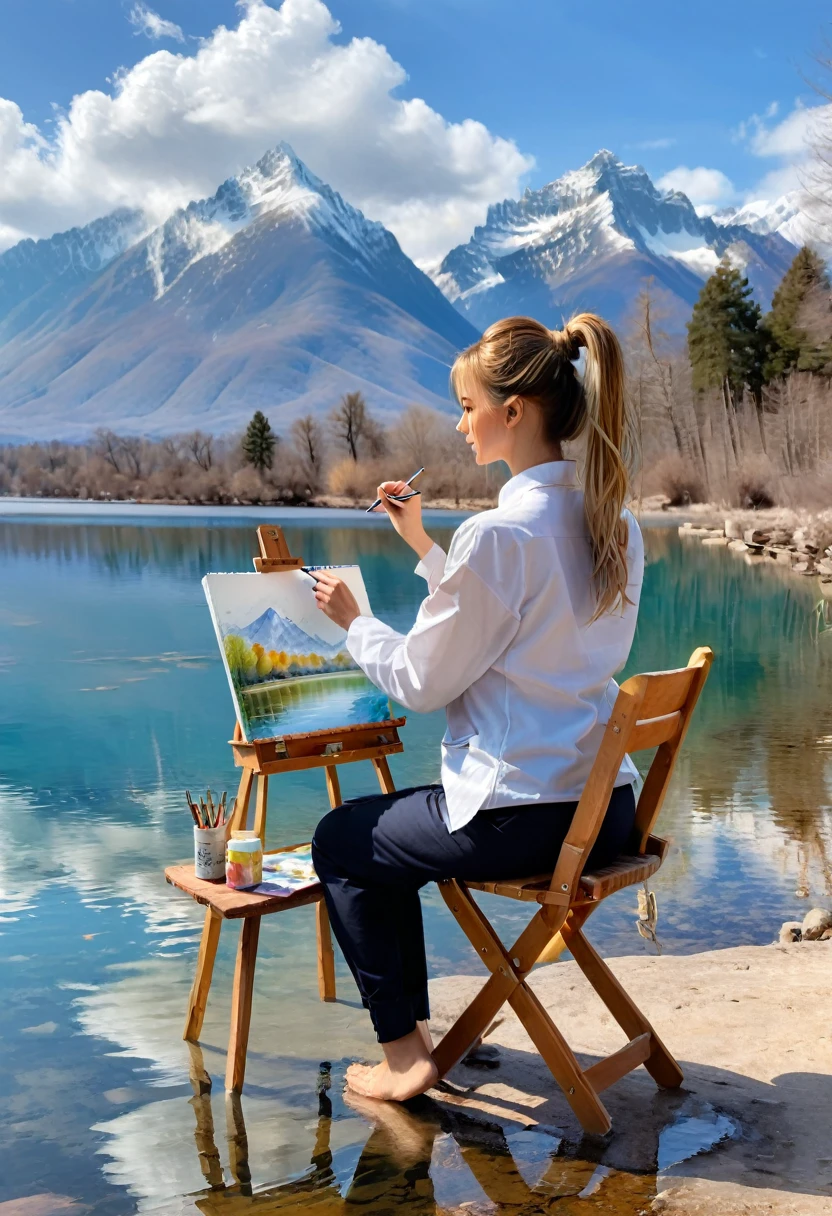 (Back View:1.2), winter, The painter by the lake, on the tranquil lakeside, the blue sky and white clouds are reflected on the water surface. A few wild ducks leisurely swim, and the distant mountains outline a natural ink painting in the lake water. A woman dressed in an artist's work uniform sat on a folding chair, with a canvas and a row of colorful paints in front of her. She was completely engrossed in waving her animated pen, trying to capture every detail of the beautiful scenery before her. Her hair was casually tied into a ponytail, and a few strands of hair gently brushed against her face with the gentle breeze, (masterpiece, best quality, Professional, perfect composition, very aesthetic, absurdres, ultra-detailed, intricate details:1.3)