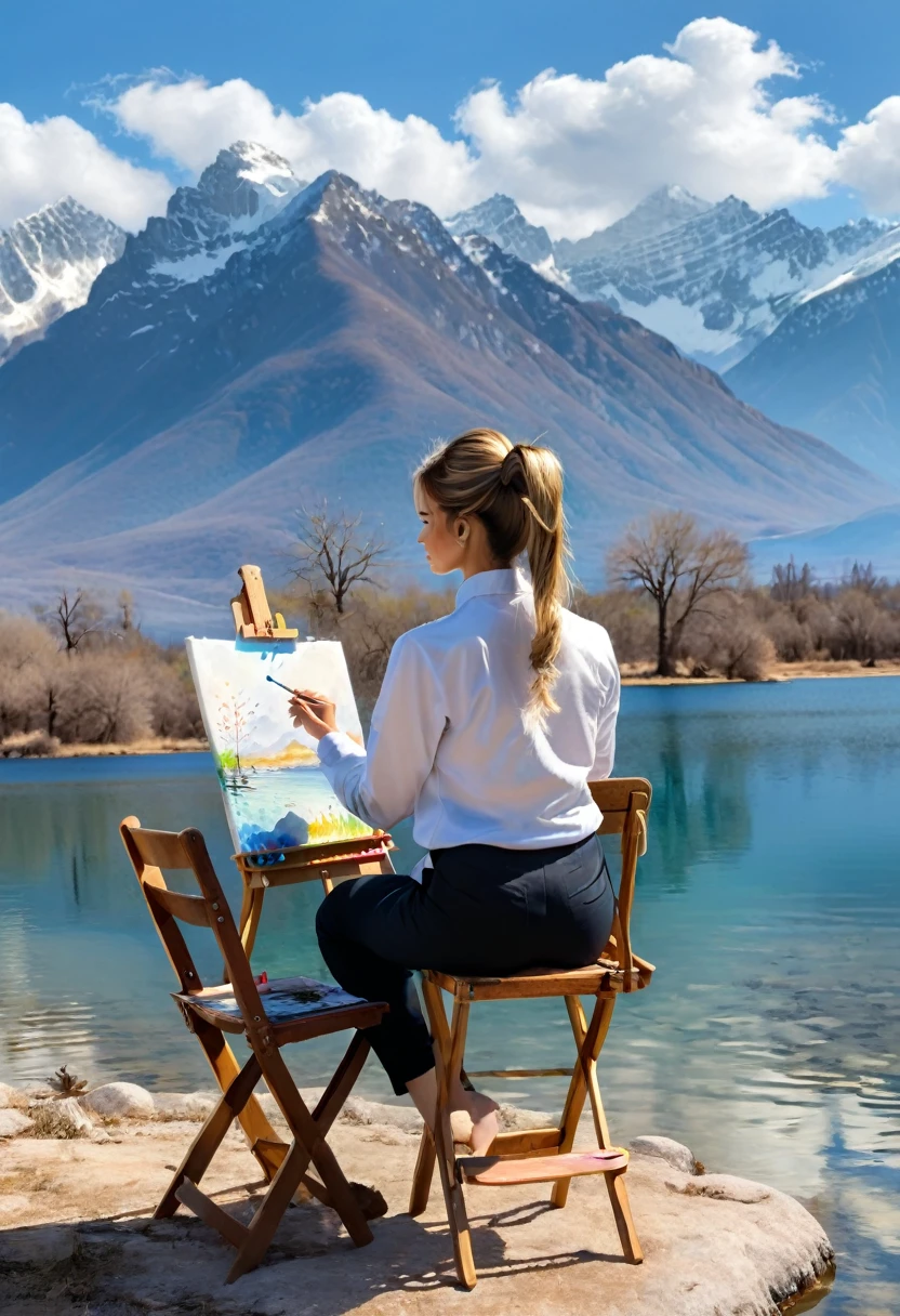 (Back View:1.2), winter, The painter by the lake, on the tranquil lakeside, the blue sky and white clouds are reflected on the water surface. A few wild ducks leisurely swim, and the distant mountains outline a natural ink painting in the lake water. A woman dressed in an artist's work uniform sat on a folding chair, with a canvas and a row of colorful paints in front of her. She was completely engrossed in waving her animated pen, trying to capture every detail of the beautiful scenery before her. Her hair was casually tied into a ponytail, and a few strands of hair gently brushed against her face with the gentle breeze, (masterpiece, best quality, Professional, perfect composition, very aesthetic, absurdres, ultra-detailed, intricate details:1.3)